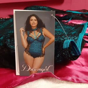 Plus Size Teddy Black Lace w/ Blue Satin